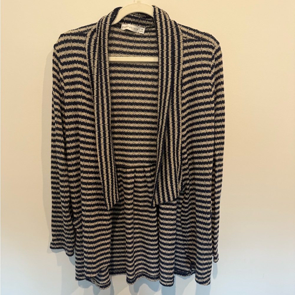 Striped Navy and Tan Women's Open Knit Sweater Cardigan